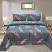 King Cotton Comforter Set with 2 Pillow Cases Duvet Quilt Bedspread in Charcoal