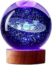 Crystal Ball Night Light, 3D Planetary Models Night Light, USB Powered, Wooden Base, Birthday Christmas and Others Dream Decoration Gift (Solar System/Color Light, 6CM)
