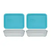 Pyrex (2) 7210 3-Cup Glass Dishes & (2) 7210-PC Surf Blue Lids