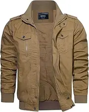 [anzerll] Men's Lightweight Cotton Jacket Military Stand Collar Coat Casual Windbreaker With Multi-pockets