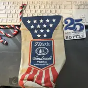 Tito’s Handmade Vodka Red White & Blue Burlap Drawstring Bag 1L Embroidered