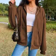 Unisex Long Sleeve Plain Loose-Fit Zip-Up Hoodie Purple - XL