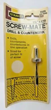 RARE Vtg Stanley Screw-Mate Drill & Countersink 1525 04-609 1-1/2" x #10 USA NOS