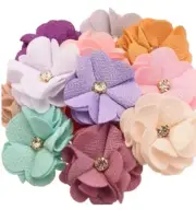 10pcs. Grab Bag Soft Fabric Petal Flowers w/ Rhinestone-Flatback-about 2 inches