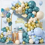 Vintage Dusty Blue Gold Balloon Arch Garland Kit, 119Pcs Different Sizes 18 12 10 5 inch Blue Gold White Sand Latex Metallic Confetti Gold Balloons for Birthday Boho Wedding Party Decoration Supplies