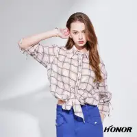 在飛比找momo購物網優惠-【HONOR 山形屋】格紋短版綁帶喇叭袖透膚襯衫