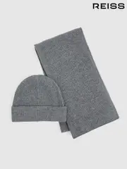 Reiss Mid Grey Melange Chesterfield Merino Wool Ribbed Scarf And Beanie Set (E45199) | $225