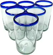 Hand Blown Mexican Drinking Glasses – Set of 6 Glasses with Cobalt Blue Rims (14 oz Each)