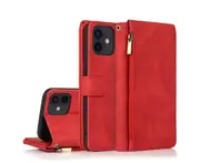 For iPhone 12 Mini Case, Leather Zipper Purse Flip Cover Case with Card Slot Holder Wrist Strap Lanyard (Red)