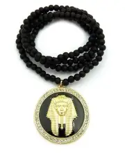Egyptian King Tut Pharaoh Round Pendant w/ 6mm 30" Wooden Bead Hip Hop Necklace