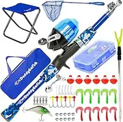 DaddyGoFish Kids Fishing Pole – Telescopic Rod & Reel Combo with Collapsible Chair, Rod Holder, Tackle Box, Bait Net and Carry Bag for Boys and Girls