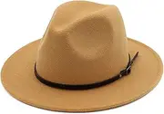 [Yiozoi] British Jazz Hat Unisex Fedora Panama Felt Hat Belt Decoration Wide Brimmed Party Official Hat Large, Camel, One Size, Camel, One Size
