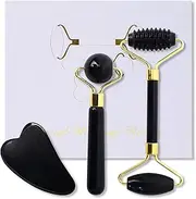SOARFLY Jade Roller & Gua Sha Stone Set, 3-Piece Natural Obsidian Face Massage Tool Set, Rolling & Scraping Techniques for Face, Neck & Body, Tightens Skin, Relieves Fatigue
