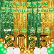 55Pcs Green and Gold 2025 Graduation Decorations Photo Backdrop Streamers Con...