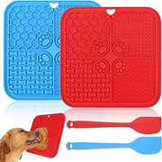 Proxima Direct Dog Cat Lick Mat with Super Suction, Pet Slow Treat Dispensing Mat, Alternative Slow Feeder Peanut Butter Lick Mat for Pet Bathing Grooming Training with Extra Spatula,Brush (Red+Blue)