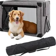 Cozzze Travel Dog Crate - 37 Inch Collapsible Portable Foldable Crates for Large Dogs with Detachable Storage Bag, Removable Pad, and Mesh Windows for Outdoor & Indoor (Grey)