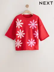 Pink Floral Graphic Print Pattern Knitted Half Sleeve Top (AL7216) | $71