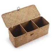 Seagrass Storage Basket with Lid Rectangular Small Woven Shelf Baskets with S.