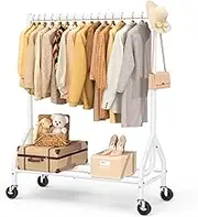 EAGMAK Heavy Duty Clothes Rack Load 420 LBS, Rolling Garment Rack with Lockable Wheels, Standing Metal Clothing Rack with Shelves, Portable Wardrobe Rack Sturdy Coat Rack for Hanging Clothes (White