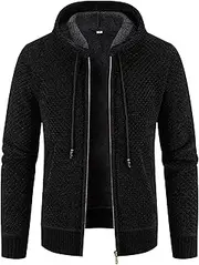 [Generic] Men Zipper Hood Knit Cardigan Slim Fit Hooded Cardigan Pockets Hoodies Full Zip Fleece Lined Sweaters Cardigans