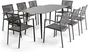 HelloFurniture Manado 8 Seater Outdoor Dining Table Set Stacking Chair Metal Table Garden Backyard, Dark Grey