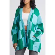 Dressed in Lala Love You Oversize Checkerboard Cardigan in Emerald/Sky at Nordstrom, Size Large