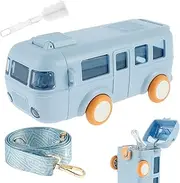 Fulasun Bus Shaped Water Bottle with Strap Straw Creative Cup Cleaning Brush Leakproof Cute Kids Portable Reusable Cups for School Home Sports (Blue)