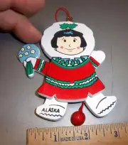 Alaska Wood Christmas Ornament Eskimo girl - Pull String & Legs & Arms move! new