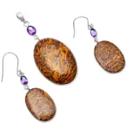 Coquina Fossil Jasper & Amethyst 925 Silver Pendant Earrings Jewelry Set T-1010