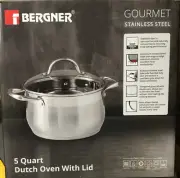 Bergner Gourmet 5 Quart Dutch Oven w Glass Lid Stainless Steel Non-Stick -NEW