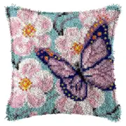 Latch Hook Kit DIY Pillow Cover Making Craft with Butterfly Pattern Printed Canvas Crochet Yarn Kit for Kids Adults as shown