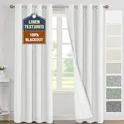 Smarcute 100% Blackout Curtains for Bedroom Luxurious Linen Textured - Block Out Light,Modern Eyelet Curtains for Privacy and Thermal Insulation 2 Panel Set,Each W132cm x D213cm,Heather White