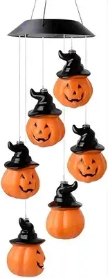 Halloween Solar Wind Chimes with 6 Colorful Pumpkin Lights, Waterproof Hangin...