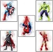 Nilem Design Superhero Watercolor Posters Room Decor for Boys - Wall Art Set of 5 Unframed (8''x10'') for Nursery, Kids Bedroom