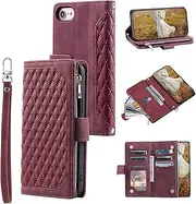 QLTYPRI Wallet Case for iPhone SE 2022 5G/iPhone SE 2020/iPhone 8/iPhone 7,Luxury Quilted PU Leather Wallet Case with Card Slot for Women,Magnetic Zipper Purse Case with Wrist Strap Kickstand-Wine Red