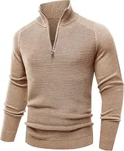[Les umes] Mens Quarter Zip Pullover Sweaters Cotton Mock Neck Polo Sweater Casual Long Sleeve Knit Jumper, Apricot, XL