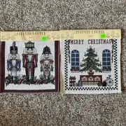 2 Nutcracker Tree Burlap Tapestry Patches Wall Hanging Christmas Decor Vintage