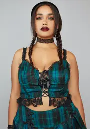 [Widow] Teal Miss Charm School Dropout Plaid Corset Top
