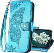 Magnetic Leather Butterfly Case for iPhone 11,Flip Cover with Butterfly Embossed Leather Stand Credit Card Holders Slots Wallet Phone Case for iPhone 11 Folio Case for Women（Blue）