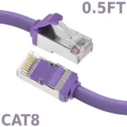 0.5FT Ethernet LAN Network Cat8 RJ45 S/FTP Cable Shielded Cord 28AWG 2GHz Purple