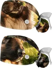 [YTYVAGT] 2-Pc,Nurse Scrub Caps,Scrub Hats with Buttons and Cotton Sweatband,Dog German Shepherd Portrait