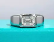 3Ct Emerald Cut Moissanite Bezel Men's Engagement Ring 14K White Gold Plated