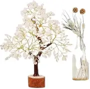 [CHARMING BHARATCRAFTS] Crystal Gemstone Chakra Healing Bonsai Fortune Showpiece Decoration Money Tree for Good Luck Home Office Decor Spiritual 300 Beads Size 10-12 in (Clear Quartz Mseal Silver), 5 x 5 x 11 inches, Wood, tree