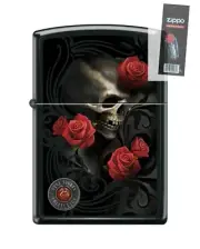 Zippo 7693 Anne Stokes Skull and Red Roses Black Matte Lighter + FLINT PACK