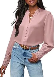 [Neweek] Womens Button Down Shirts Lace Cuff Long Sleeve Chiffon Dressy Tops Band Collar Fall Business Casual Blouses 2025