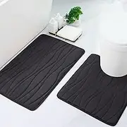 Buganda Memory Foam 2 Pieces Bath Rugs Set - Soft Non-Slip Thick Bath Mat and Contour Toilet Rug, Absorbent Washable Bathroom Mats Set (24" x 20" + 30" x 20", Black)
