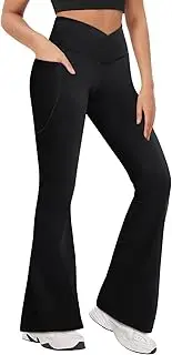 [Zhiaek] Yoga Trousers Women's Flared Opaque Leggings Cross Waist Bootleg Sports Trousers High Waist Bootcut Jogging Bottoms Jazz Pants Fitness Trousers with Pockets