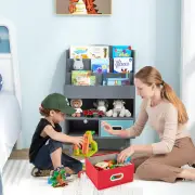 CostwayKids Bookshelf Book Display Rack with 3-Tier Bookshelves and 2 Drawers-Grey