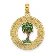 14k Yellow Gold Enameled TURKS AND CAICOS w/Palm Tree Circle Charm