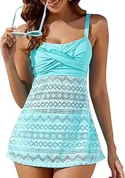 [Runtlly] Women's Tankini Swimsuits Two-Piece Tummy Control Bathing Suits Lace Mesh for Women with Boyshorts